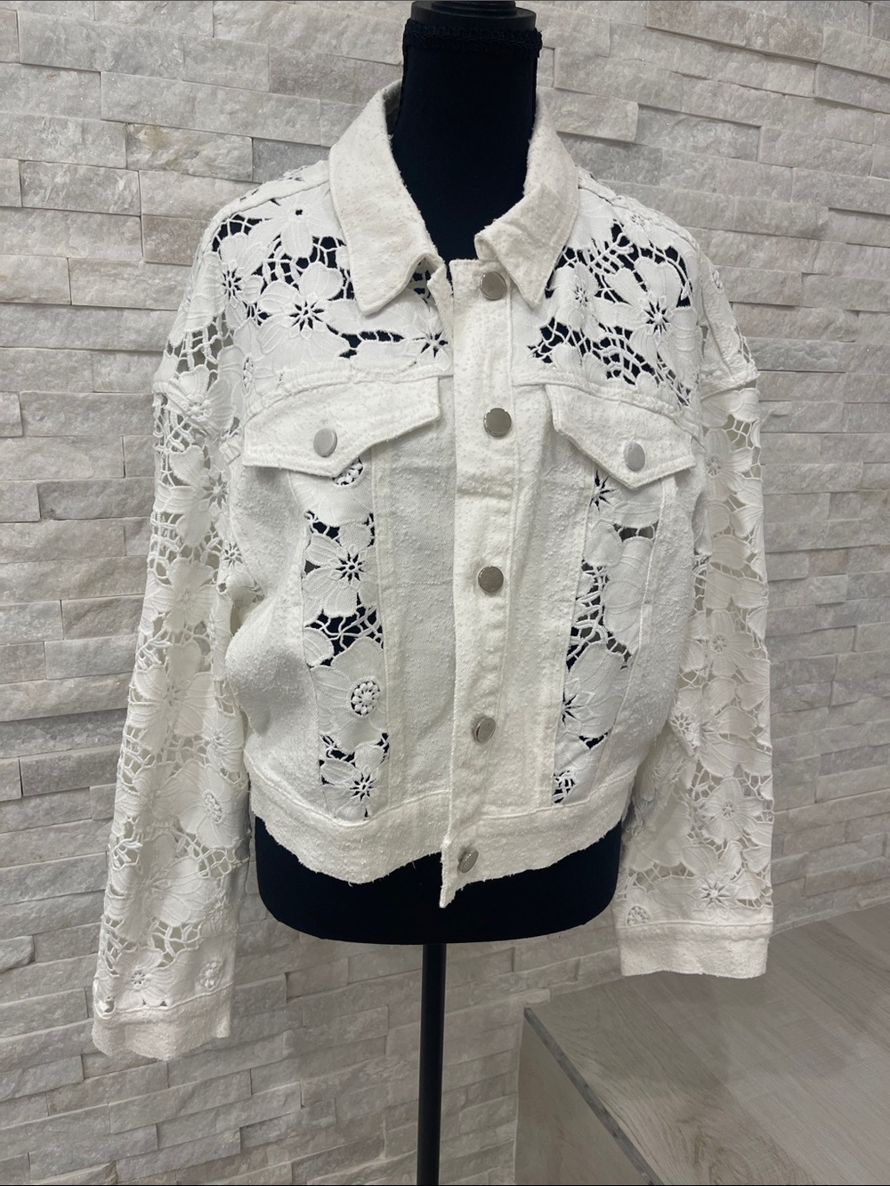 White Lace Crochet Trucker Jacket - Women